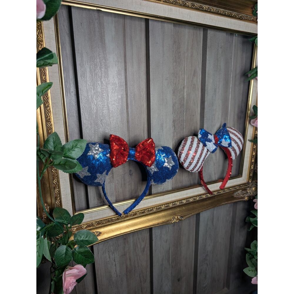 Disney Minnie & Mickey Mouse Sequin Bow Ear Headband Blue Purple Red Stars - Picture 6 of 6